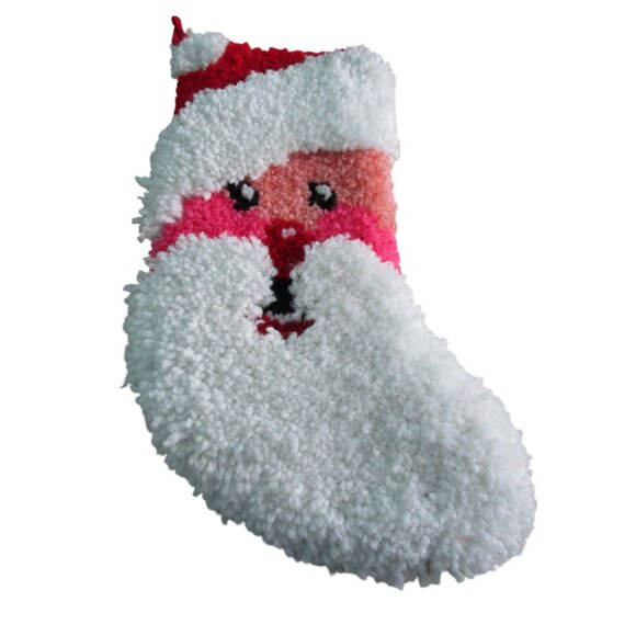 Vintage Latch Hook Santa Stocking Red Corduroy Backing Blanket Stitch Edges GUC